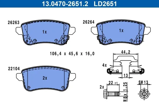 Bremsbelagsatz, Scheibenbremse Hinterachse ATE 13.0470-2651.2 Bild Bremsbelagsatz, Scheibenbremse Hinterachse ATE 13.0470-2651.2