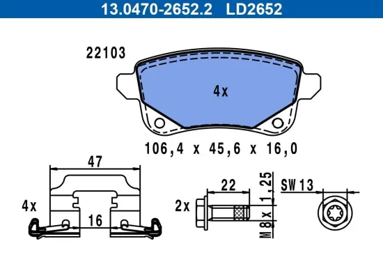 Bremsbelagsatz, Scheibenbremse Hinterachse ATE 13.0470-2652.2 Bild Bremsbelagsatz, Scheibenbremse Hinterachse ATE 13.0470-2652.2