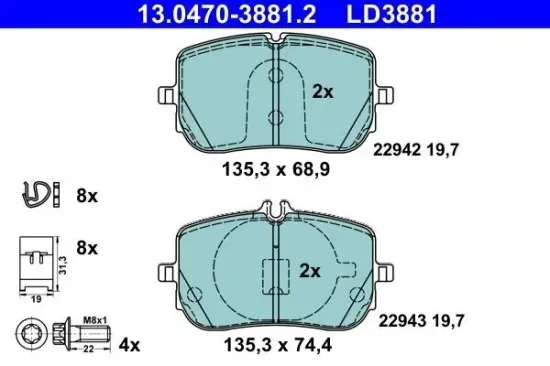 Bremsbelagsatz, Scheibenbremse Vorderachse ATE 13.0470-3881.2 Bild Bremsbelagsatz, Scheibenbremse Vorderachse ATE 13.0470-3881.2