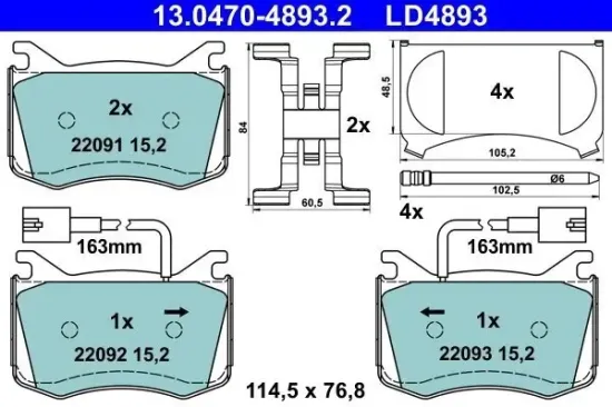Bremsbelagsatz, Scheibenbremse Vorderachse ATE 13.0470-4893.2 Bild Bremsbelagsatz, Scheibenbremse Vorderachse ATE 13.0470-4893.2