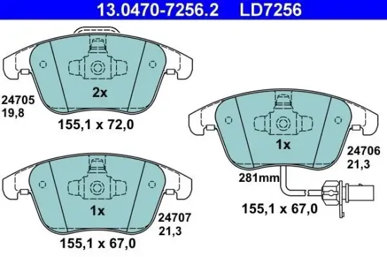 Bremsbelagsatz, Scheibenbremse Vorderachse ATE 13.0470-7256.2 Bild Bremsbelagsatz, Scheibenbremse Vorderachse ATE 13.0470-7256.2