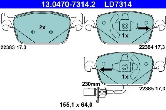 Bremsbelagsatz, Scheibenbremse Vorderachse ATE 13.0470-7314.2 Bild Bremsbelagsatz, Scheibenbremse Vorderachse ATE 13.0470-7314.2