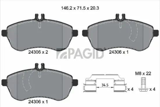 Bremsbelagsatz, Scheibenbremse Vorderachse PAGID T1622N Bild Bremsbelagsatz, Scheibenbremse Vorderachse PAGID T1622N