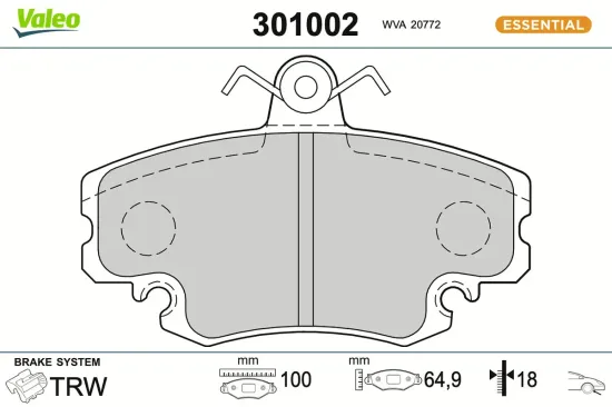 Bremsbelagsatz, Scheibenbremse Vorderachse VALEO 301002 Bild Bremsbelagsatz, Scheibenbremse Vorderachse VALEO 301002