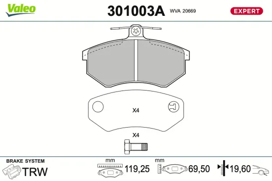 Bremsbelagsatz, Scheibenbremse Vorderachse VALEO 301003A Bild Bremsbelagsatz, Scheibenbremse Vorderachse VALEO 301003A