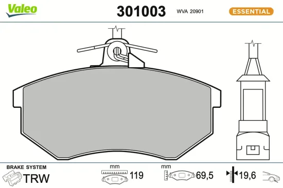 Bremsbelagsatz, Scheibenbremse Vorderachse VALEO 301003 Bild Bremsbelagsatz, Scheibenbremse Vorderachse VALEO 301003