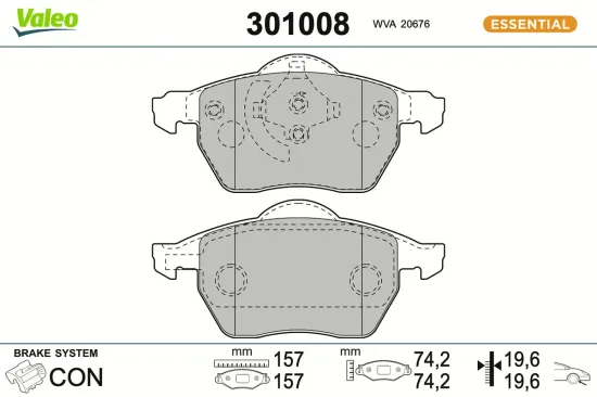 Bremsbelagsatz, Scheibenbremse Vorderachse VALEO 301008 Bild Bremsbelagsatz, Scheibenbremse Vorderachse VALEO 301008