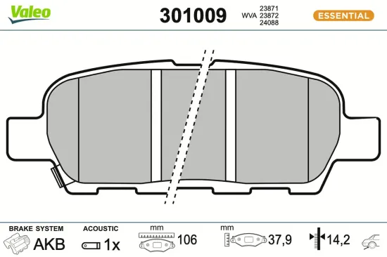 Bremsbelagsatz, Scheibenbremse Hinterachse VALEO 301009 Bild Bremsbelagsatz, Scheibenbremse Hinterachse VALEO 301009