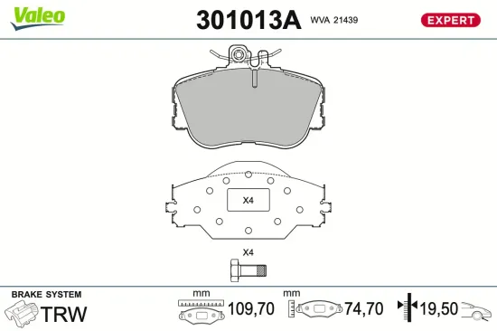 Bremsbelagsatz, Scheibenbremse Vorderachse VALEO 301013A Bild Bremsbelagsatz, Scheibenbremse Vorderachse VALEO 301013A