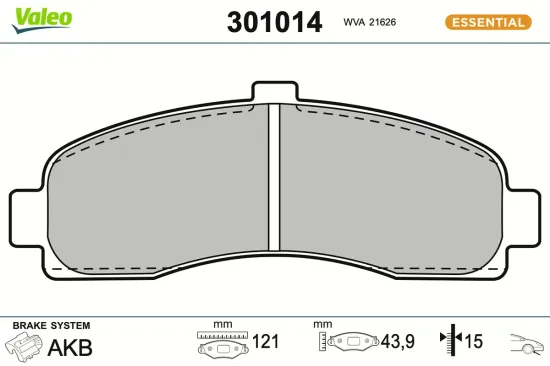 Bremsbelagsatz, Scheibenbremse Vorderachse VALEO 301014 Bild Bremsbelagsatz, Scheibenbremse Vorderachse VALEO 301014