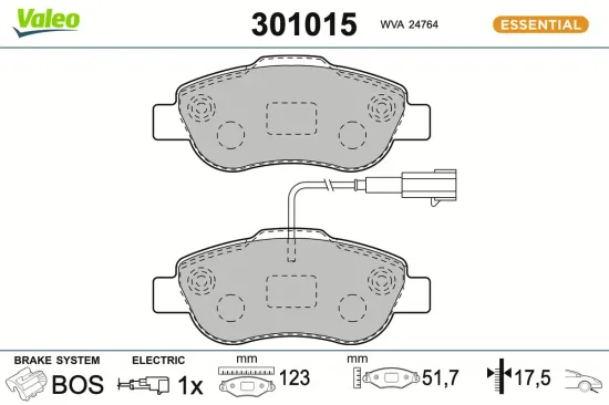 Bremsbelagsatz, Scheibenbremse Vorderachse VALEO 301015 Bild Bremsbelagsatz, Scheibenbremse Vorderachse VALEO 301015