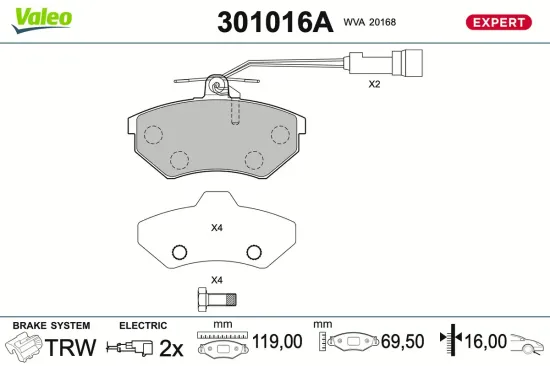 Bremsbelagsatz, Scheibenbremse Vorderachse VALEO 301016A Bild Bremsbelagsatz, Scheibenbremse Vorderachse VALEO 301016A