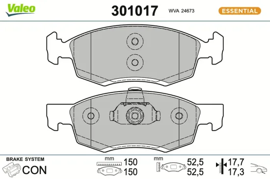 Bremsbelagsatz, Scheibenbremse Vorderachse VALEO 301017 Bild Bremsbelagsatz, Scheibenbremse Vorderachse VALEO 301017