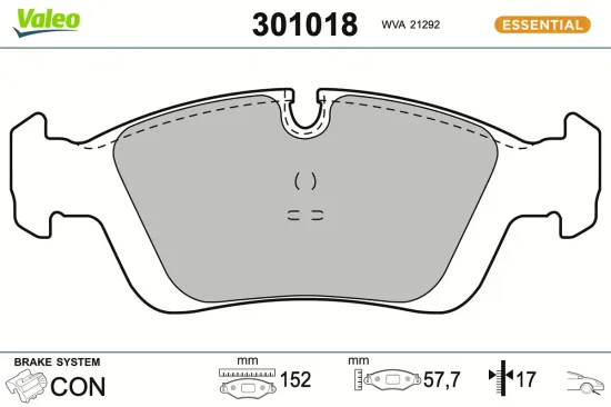 Bremsbelagsatz, Scheibenbremse Vorderachse VALEO 301018 Bild Bremsbelagsatz, Scheibenbremse Vorderachse VALEO 301018