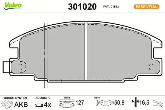 Bremsbelagsatz, Scheibenbremse Vorderachse VALEO 301020 Bild Bremsbelagsatz, Scheibenbremse Vorderachse VALEO 301020