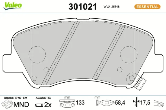 Bremsbelagsatz, Scheibenbremse Vorderachse VALEO 301021 Bild Bremsbelagsatz, Scheibenbremse Vorderachse VALEO 301021