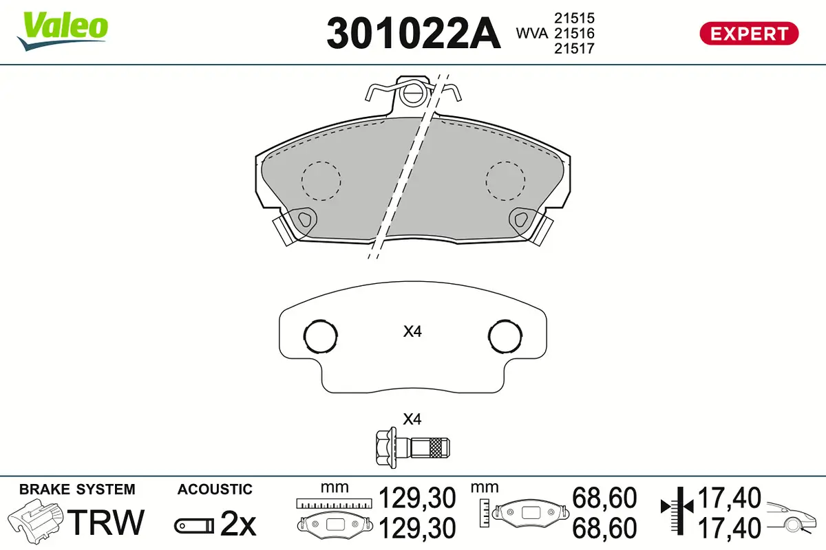 Bremsbelagsatz, Scheibenbremse Vorderachse VALEO 301022A
