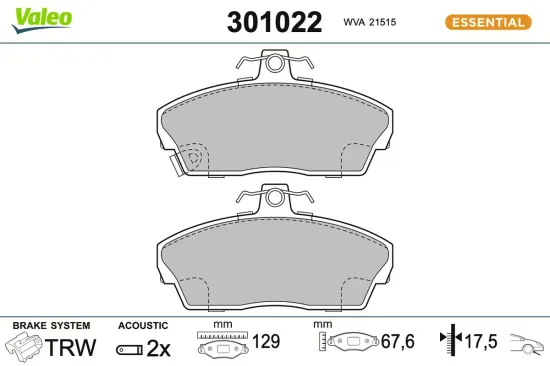 Bremsbelagsatz, Scheibenbremse Vorderachse VALEO 301022 Bild Bremsbelagsatz, Scheibenbremse Vorderachse VALEO 301022