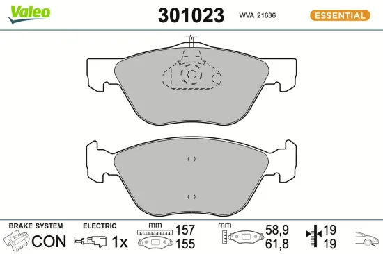 Bremsbelagsatz, Scheibenbremse Vorderachse VALEO 301023 Bild Bremsbelagsatz, Scheibenbremse Vorderachse VALEO 301023