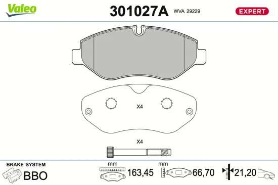 Bremsbelagsatz, Scheibenbremse Vorderachse VALEO 301027A Bild Bremsbelagsatz, Scheibenbremse Vorderachse VALEO 301027A