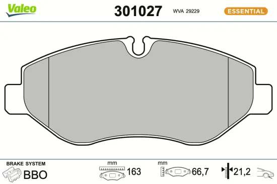 Bremsbelagsatz, Scheibenbremse Vorderachse VALEO 301027 Bild Bremsbelagsatz, Scheibenbremse Vorderachse VALEO 301027