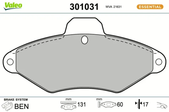 Bremsbelagsatz, Scheibenbremse Vorderachse VALEO 301031 Bild Bremsbelagsatz, Scheibenbremse Vorderachse VALEO 301031