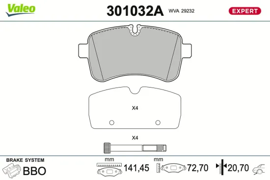 Bremsbelagsatz, Scheibenbremse Hinterachse VALEO 301032A Bild Bremsbelagsatz, Scheibenbremse Hinterachse VALEO 301032A