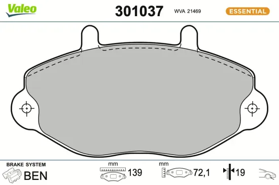 Bremsbelagsatz, Scheibenbremse Vorderachse VALEO 301037 Bild Bremsbelagsatz, Scheibenbremse Vorderachse VALEO 301037