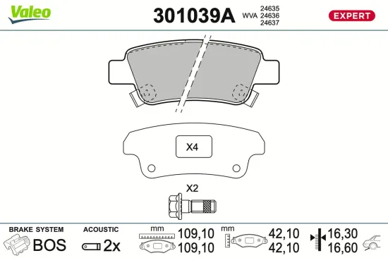 Bremsbelagsatz, Scheibenbremse Hinterachse VALEO 301039A Bild Bremsbelagsatz, Scheibenbremse Hinterachse VALEO 301039A