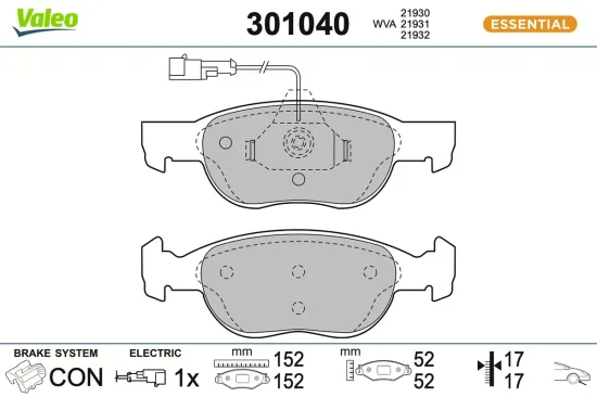 Bremsbelagsatz, Scheibenbremse Vorderachse VALEO 301040 Bild Bremsbelagsatz, Scheibenbremse Vorderachse VALEO 301040