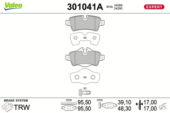 Bremsbelagsatz, Scheibenbremse Hinterachse VALEO 301041A Bild Bremsbelagsatz, Scheibenbremse Hinterachse VALEO 301041A