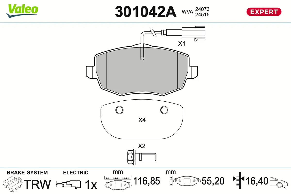 Bremsbelagsatz, Scheibenbremse Vorderachse VALEO 301042A