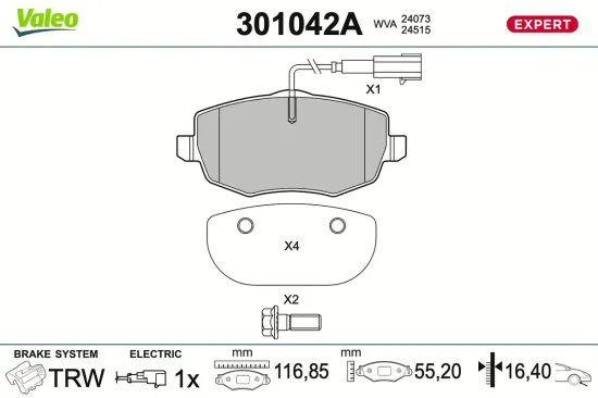 Bremsbelagsatz, Scheibenbremse Vorderachse VALEO 301042A Bild Bremsbelagsatz, Scheibenbremse Vorderachse VALEO 301042A