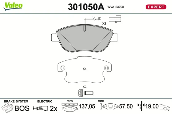 Bremsbelagsatz, Scheibenbremse Vorderachse VALEO 301050A Bild Bremsbelagsatz, Scheibenbremse Vorderachse VALEO 301050A