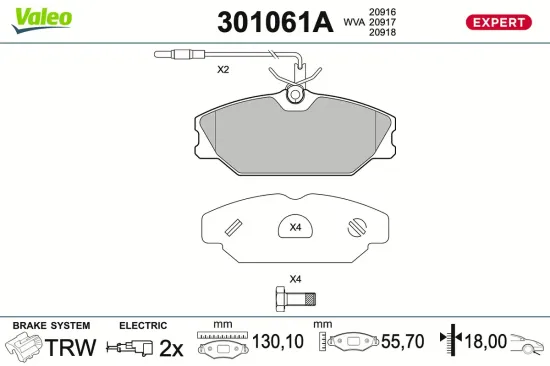 Bremsbelagsatz, Scheibenbremse Vorderachse VALEO 301061A Bild Bremsbelagsatz, Scheibenbremse Vorderachse VALEO 301061A