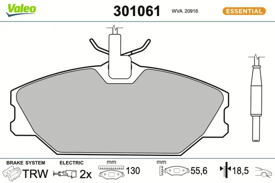 Bremsbelagsatz, Scheibenbremse Vorderachse VALEO 301061 Bild Bremsbelagsatz, Scheibenbremse Vorderachse VALEO 301061