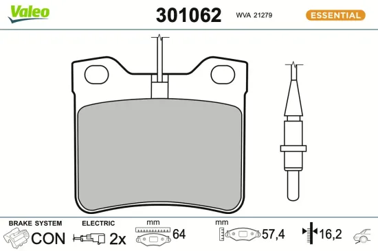 Bremsbelagsatz, Scheibenbremse Hinterachse VALEO 301062 Bild Bremsbelagsatz, Scheibenbremse Hinterachse VALEO 301062