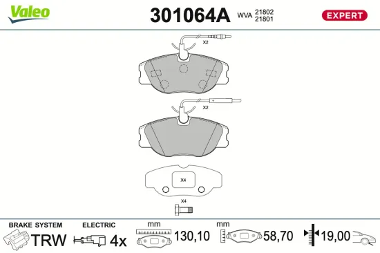 Bremsbelagsatz, Scheibenbremse Vorderachse VALEO 301064A Bild Bremsbelagsatz, Scheibenbremse Vorderachse VALEO 301064A