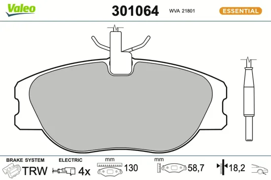 Bremsbelagsatz, Scheibenbremse Vorderachse VALEO 301064 Bild Bremsbelagsatz, Scheibenbremse Vorderachse VALEO 301064