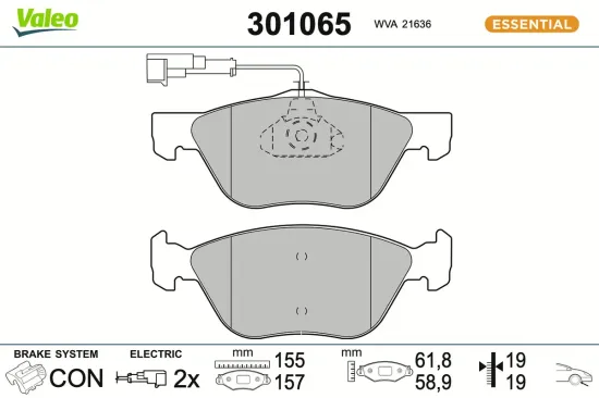 Bremsbelagsatz, Scheibenbremse Vorderachse VALEO 301065 Bild Bremsbelagsatz, Scheibenbremse Vorderachse VALEO 301065