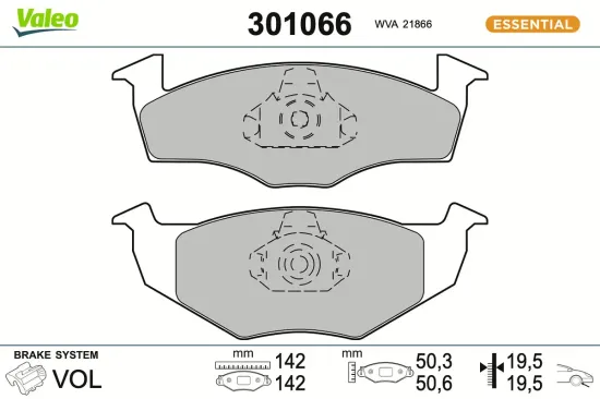 Bremsbelagsatz, Scheibenbremse Vorderachse VALEO 301066 Bild Bremsbelagsatz, Scheibenbremse Vorderachse VALEO 301066