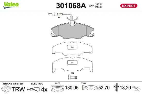 Bremsbelagsatz, Scheibenbremse Vorderachse VALEO 301068A Bild Bremsbelagsatz, Scheibenbremse Vorderachse VALEO 301068A