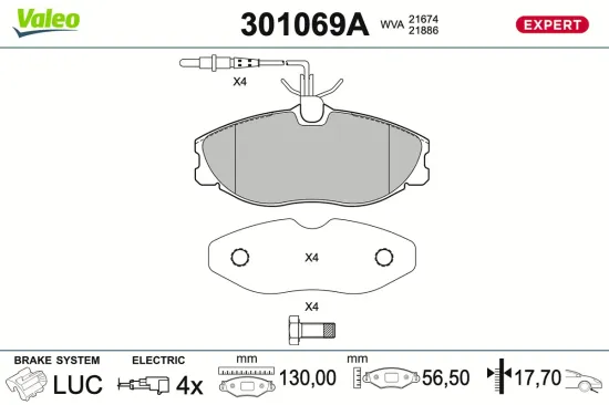 Bremsbelagsatz, Scheibenbremse Vorderachse VALEO 301069A Bild Bremsbelagsatz, Scheibenbremse Vorderachse VALEO 301069A