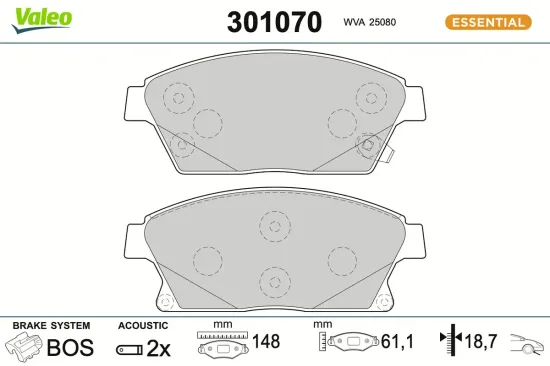Bremsbelagsatz, Scheibenbremse Vorderachse VALEO 301070 Bild Bremsbelagsatz, Scheibenbremse Vorderachse VALEO 301070