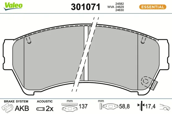 Bremsbelagsatz, Scheibenbremse Vorderachse VALEO 301071 Bild Bremsbelagsatz, Scheibenbremse Vorderachse VALEO 301071