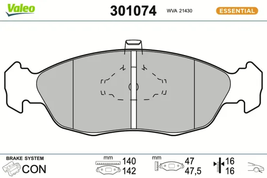 Bremsbelagsatz, Scheibenbremse Vorderachse VALEO 301074 Bild Bremsbelagsatz, Scheibenbremse Vorderachse VALEO 301074