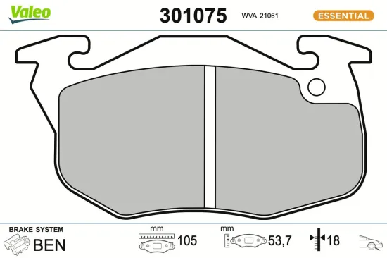 Bremsbelagsatz, Scheibenbremse Vorderachse VALEO 301075 Bild Bremsbelagsatz, Scheibenbremse Vorderachse VALEO 301075