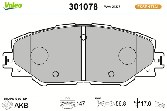 Bremsbelagsatz, Scheibenbremse Vorderachse VALEO 301078 Bild Bremsbelagsatz, Scheibenbremse Vorderachse VALEO 301078