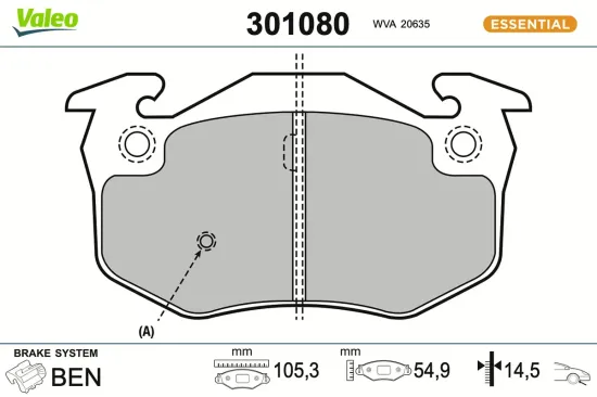 Bremsbelagsatz, Scheibenbremse Vorderachse VALEO 301080 Bild Bremsbelagsatz, Scheibenbremse Vorderachse VALEO 301080