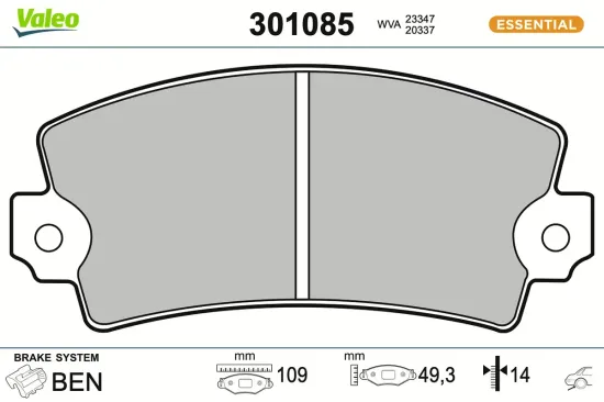Bremsbelagsatz, Scheibenbremse VALEO 301085 Bild Bremsbelagsatz, Scheibenbremse VALEO 301085
